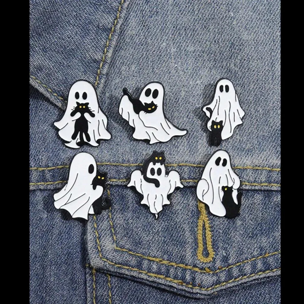 6pcs Cute Ghost Cat Enamel Pins Metal Brooches Black Cat Fashion Lapel Badge
